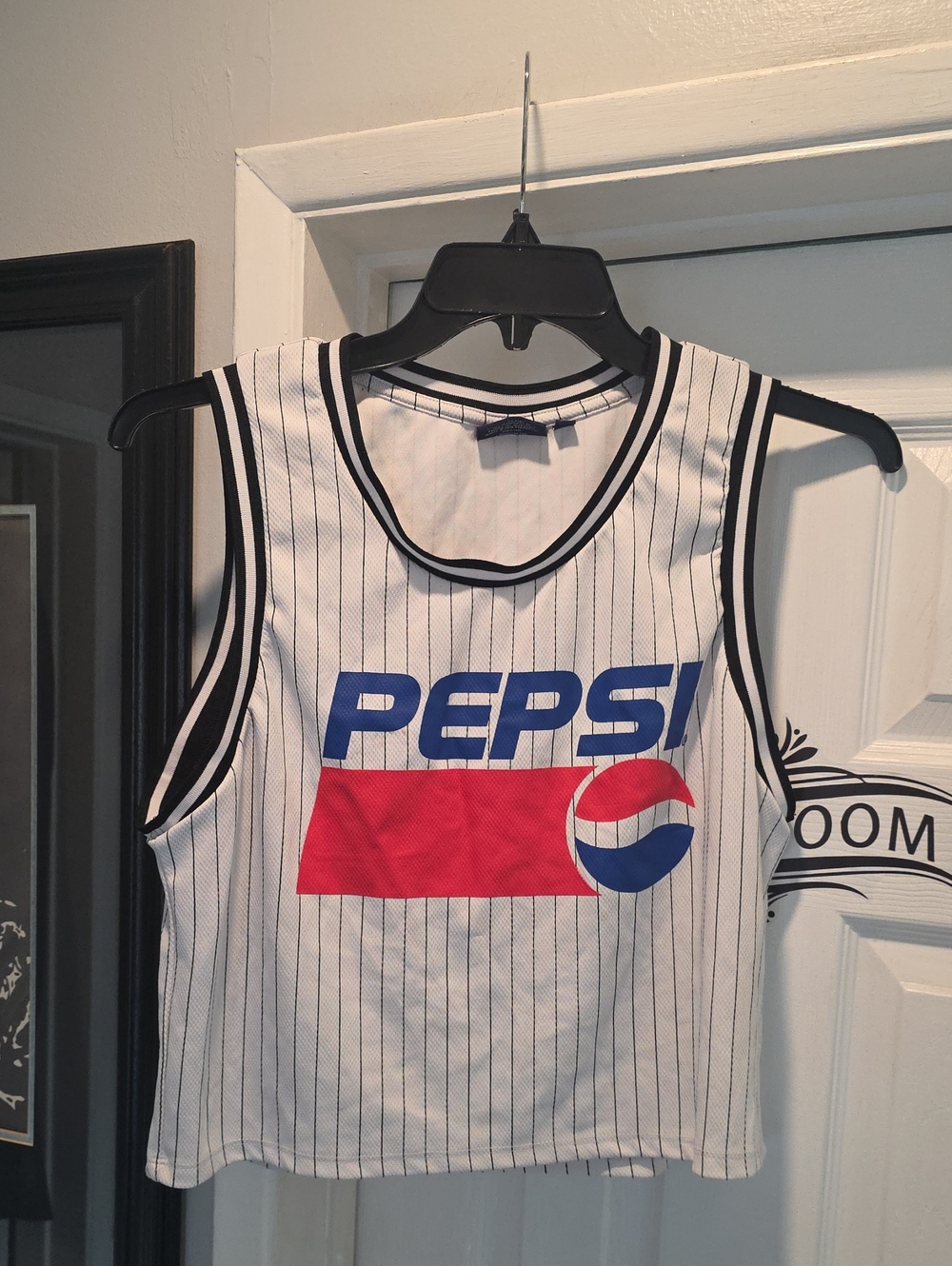 Pepsi White Pinstripe Crop Top with Blue and Red Logo